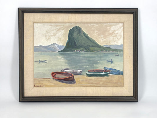 Ölgemälde "Luganer See mit Blick auf den Monte San Salvatore" von Erhard Brude (1874–1959) aus dem Jahr 1956