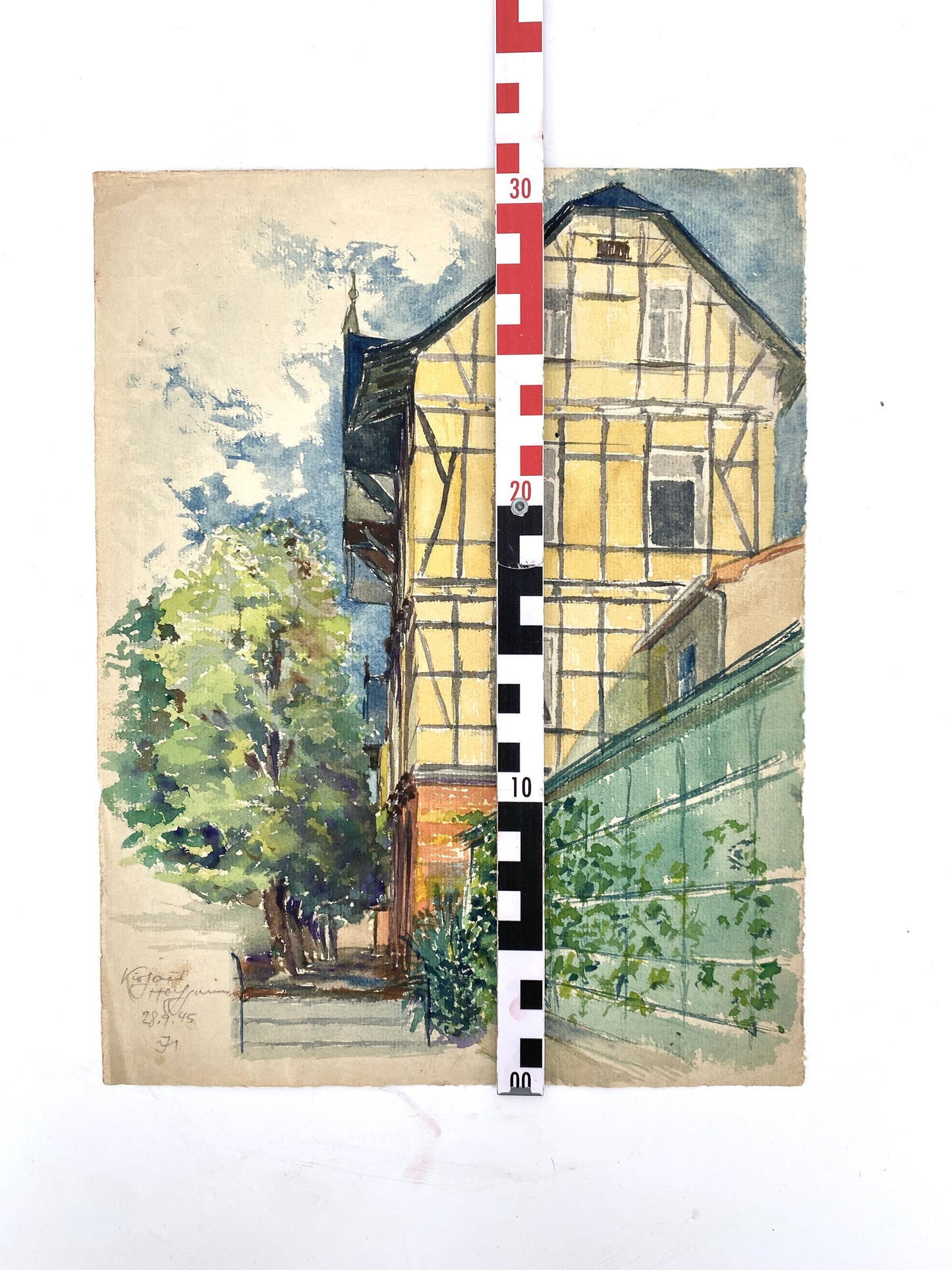 Das zitronengelbe Fachwerkhaus - Aquarell, datiert 45