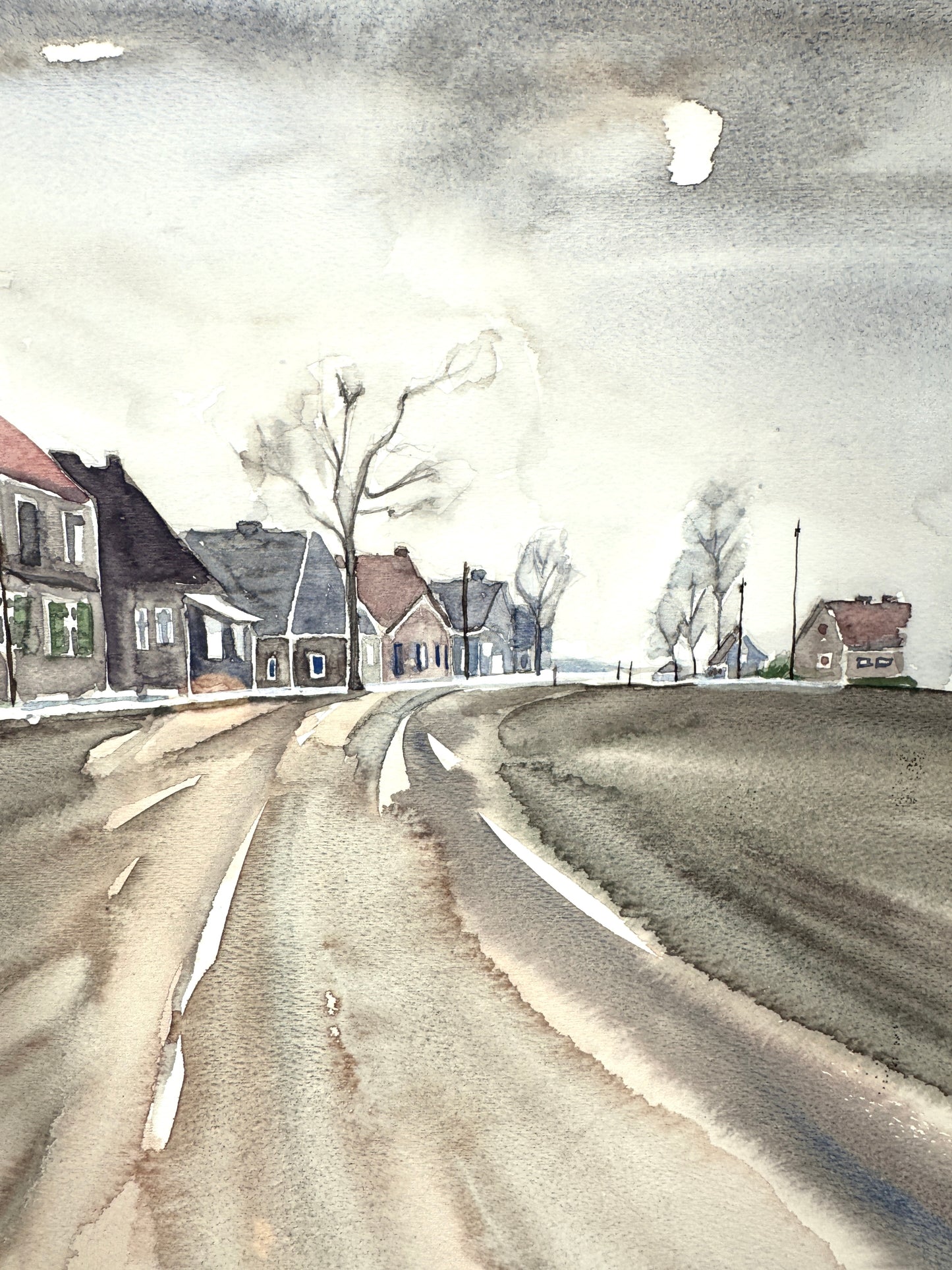Gemälde einer deutschen Landstraße. Aquarell, Signiert.