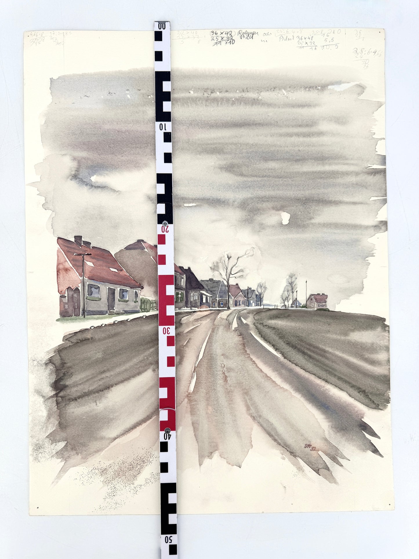 Gemälde einer deutschen Landstraße. Aquarell, Signiert.