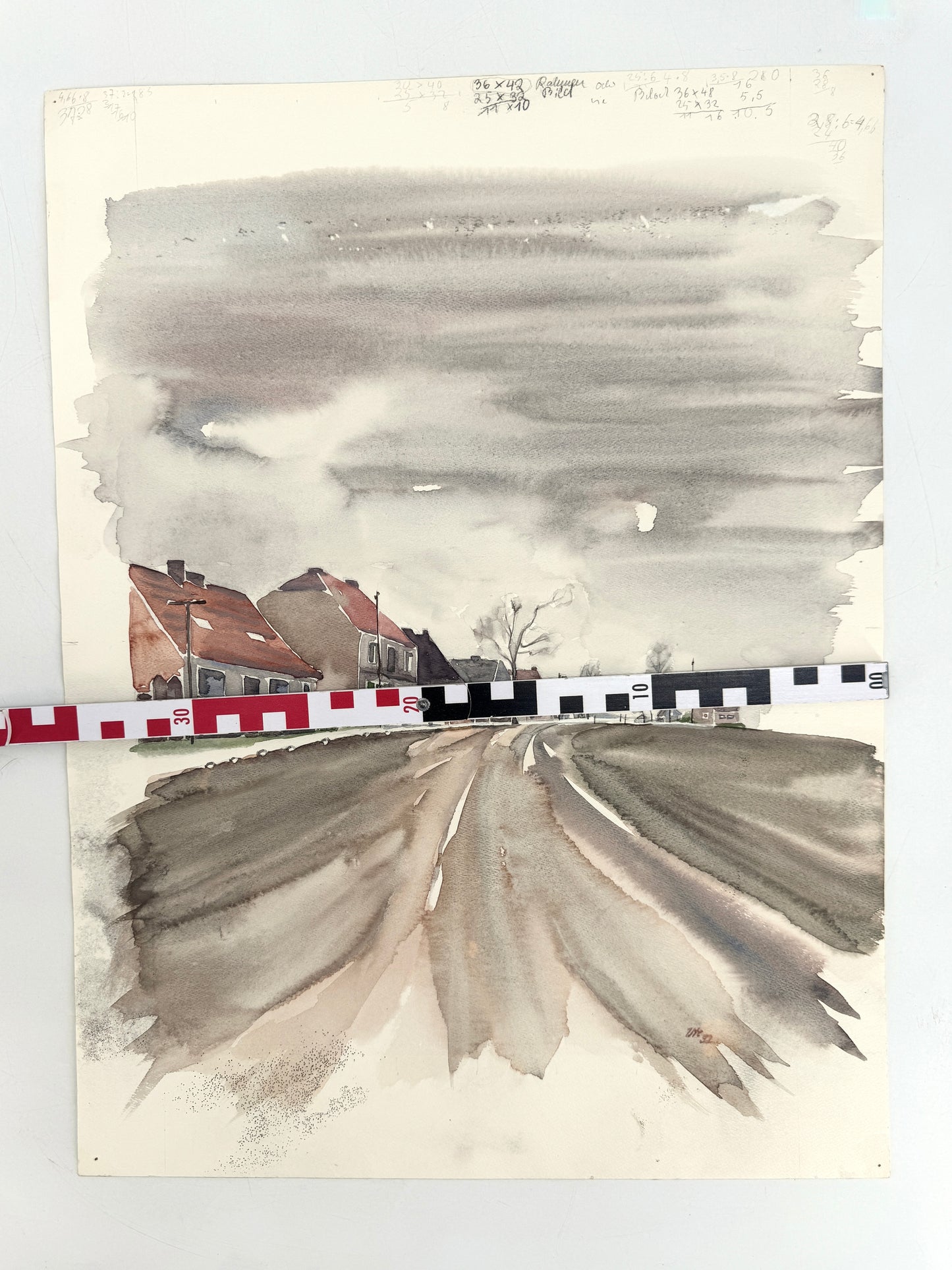 Gemälde einer deutschen Landstraße. Aquarell, Signiert.