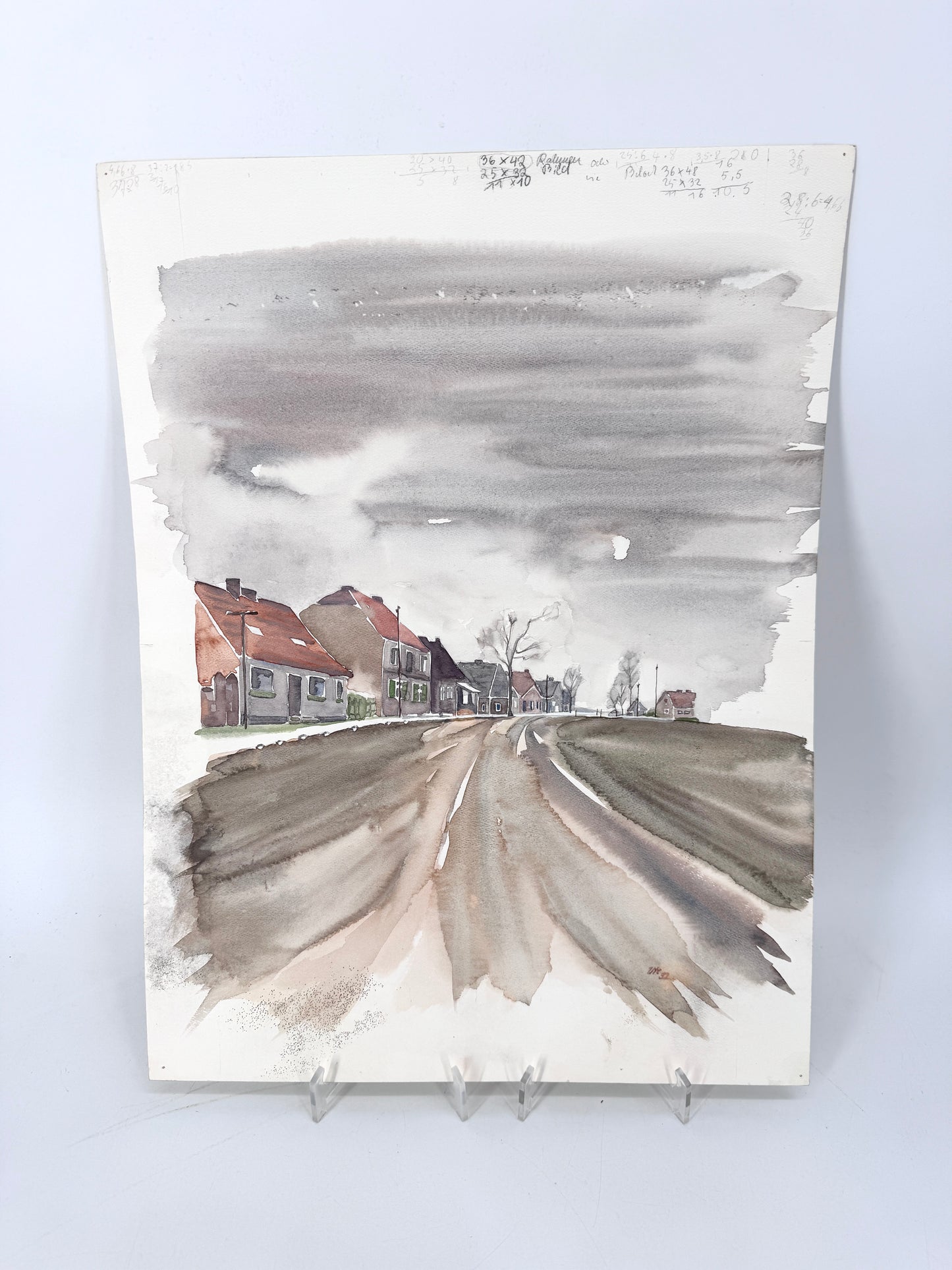 Gemälde einer deutschen Landstraße. Aquarell, Signiert.