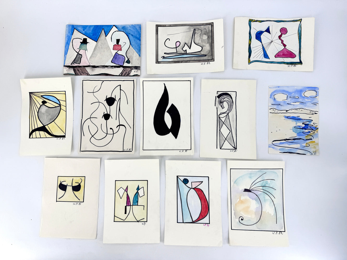 12x Zeichnungen, 16 Pakete. Abstrakte, zeitgenössische Kunst, Deutschland 1980er