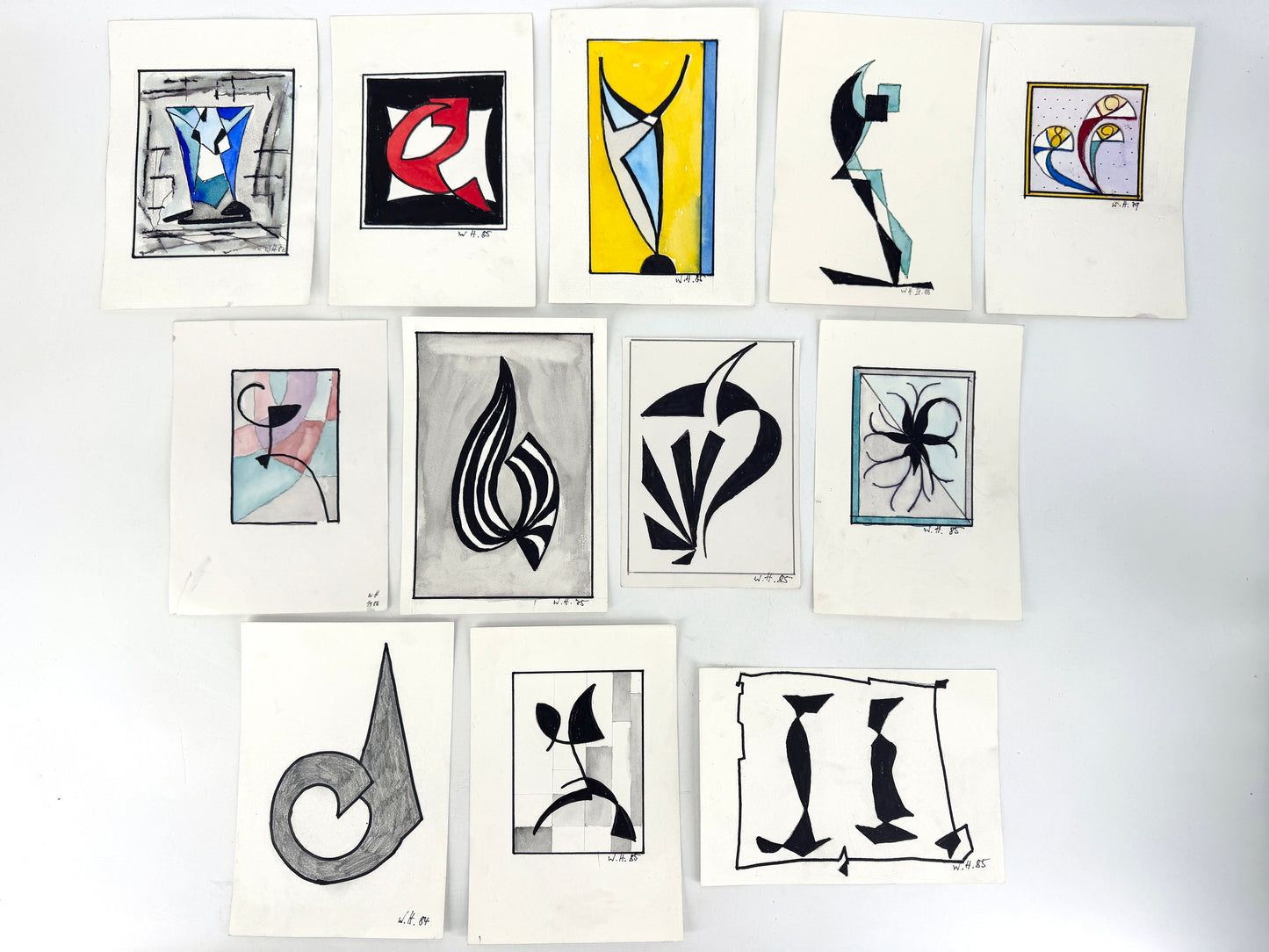 12x Zeichnungen, 16 Pakete. Abstrakte, zeitgenössische Kunst, Deutschland 1980er