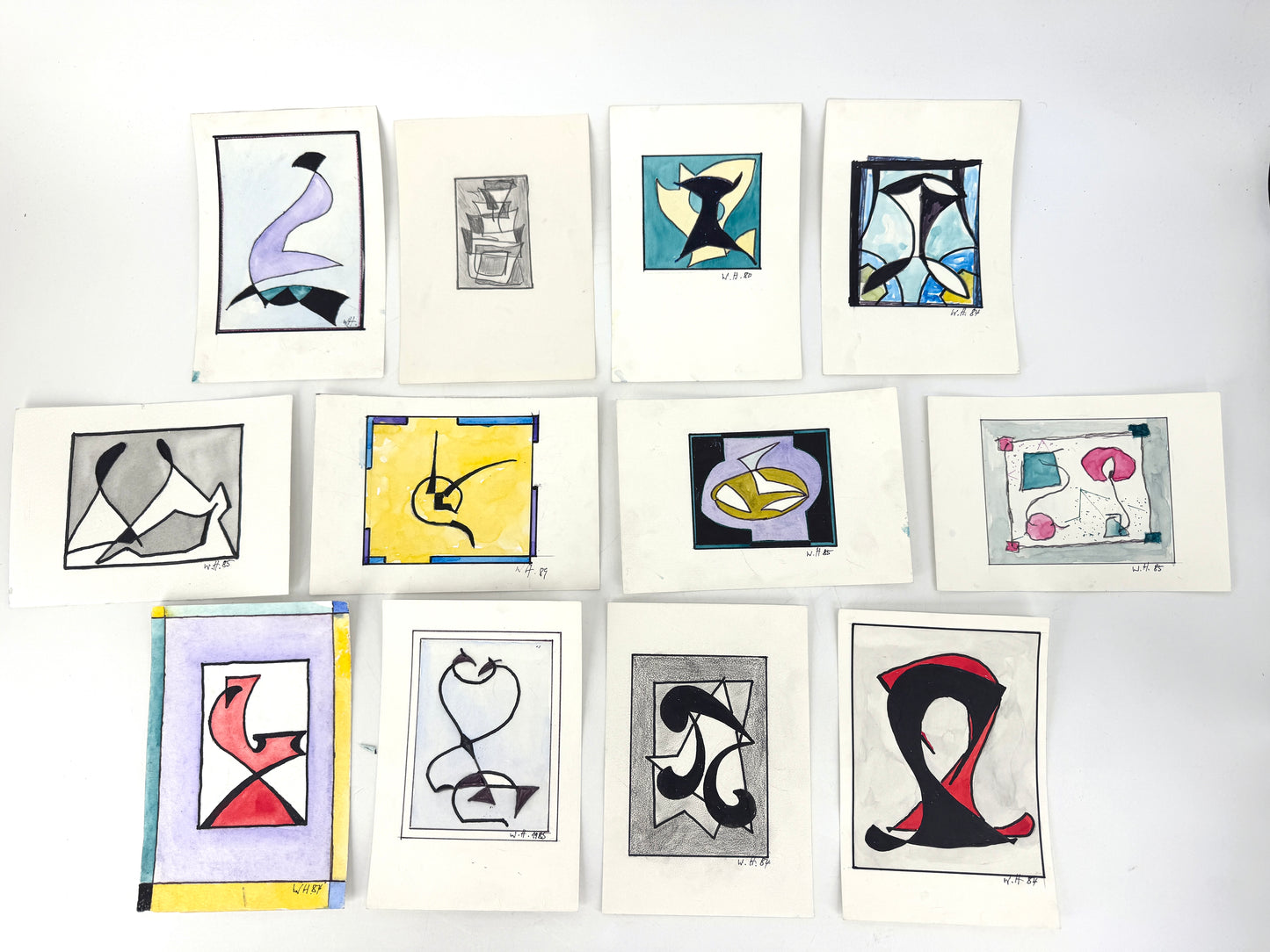 12x Zeichnungen, 16 Pakete. Abstrakte, zeitgenössische Kunst, Deutschland 1980er