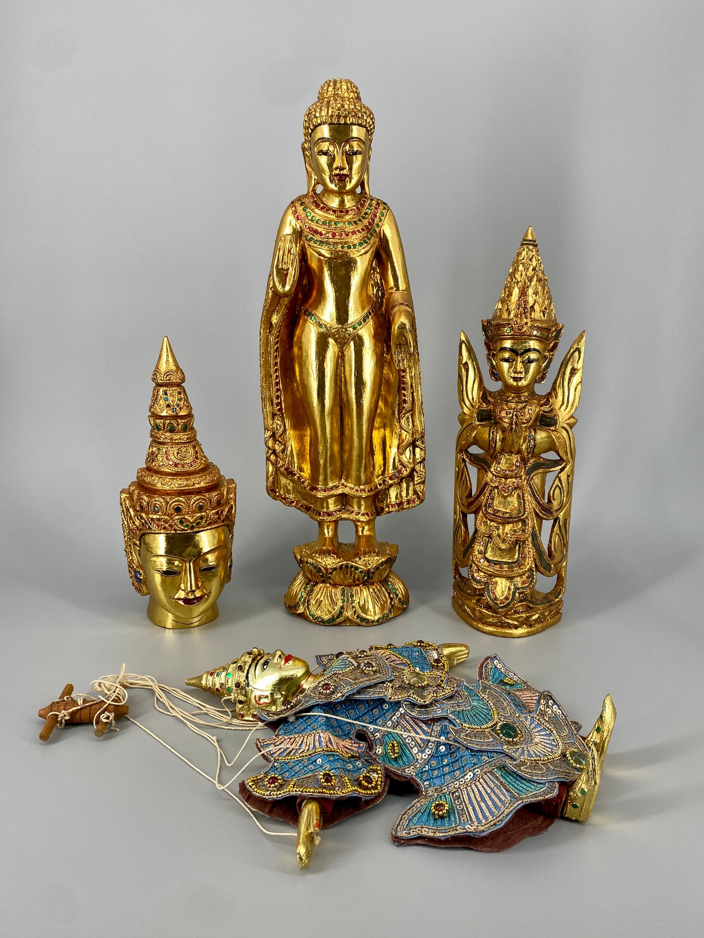 Set aus Buddah und Nat Holzfiguren, Burma und Thailand, vintage