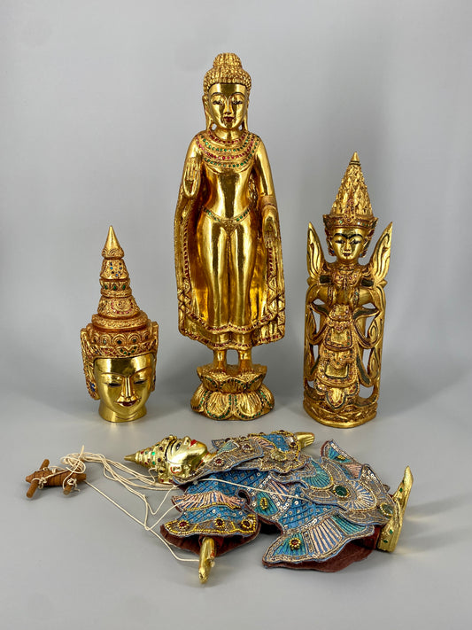 Set aus Buddah und Nat Holzfiguren, Burma und Thailand, vintage