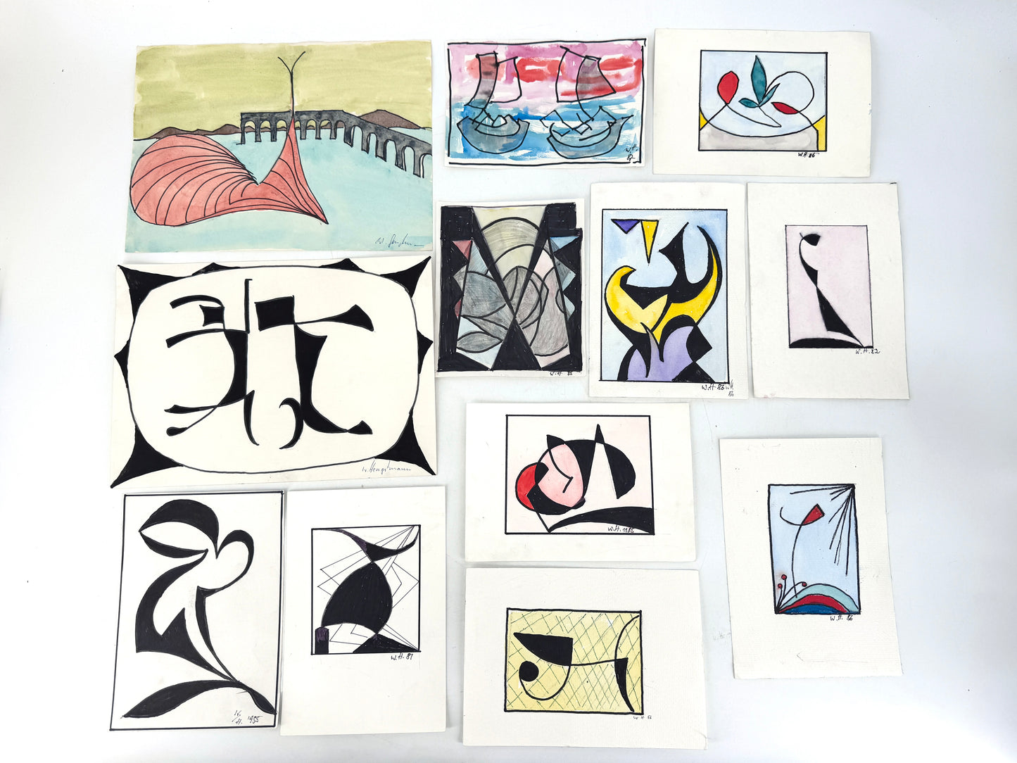 12x Zeichnungen, 16 Pakete. Abstrakte, zeitgenössische Kunst, Deutschland 1980er