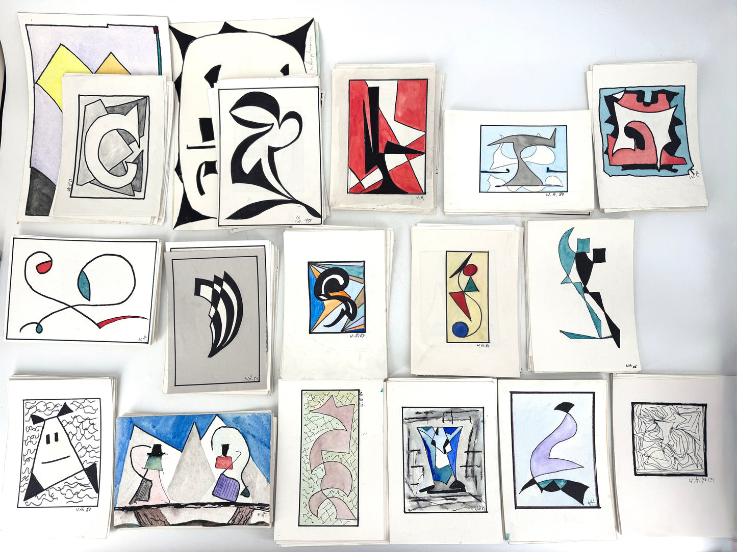 12x Zeichnungen, 16 Pakete. Abstrakte, zeitgenössische Kunst, Deutschland 1980er