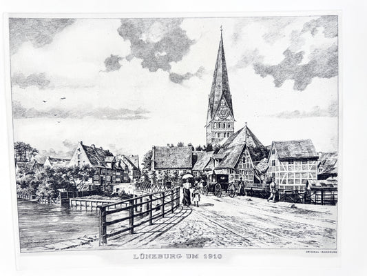 Lüneburg um 1910, St. Johannis und die Ilmenau. Druckgrafik