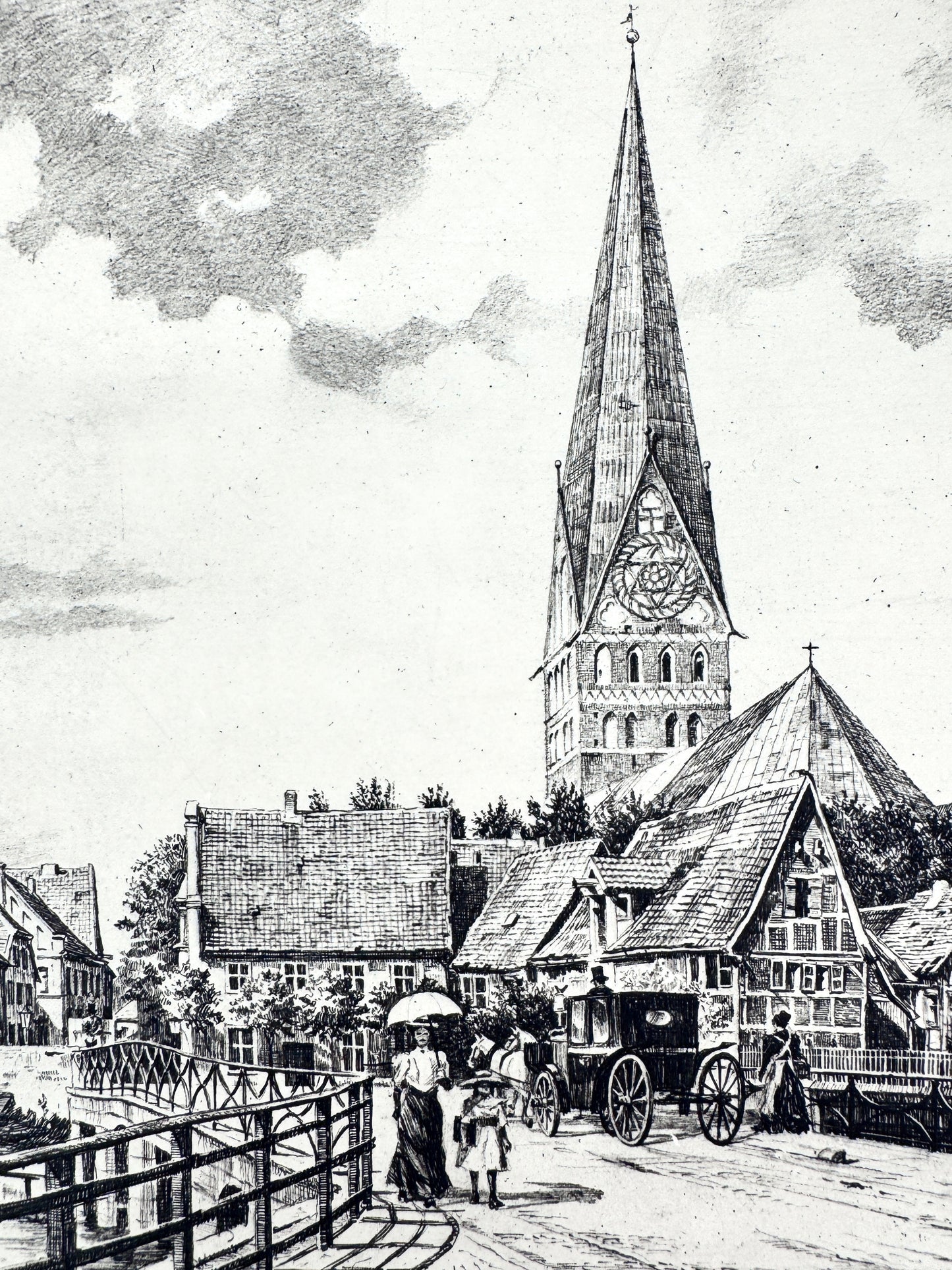 Lüneburg um 1910, St. Johannis und die Ilmenau. Druckgrafik