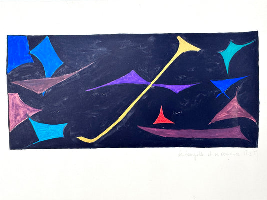Die Trompete und ihre Liebhaber. Phantasievolle, rhythmische Gouache.