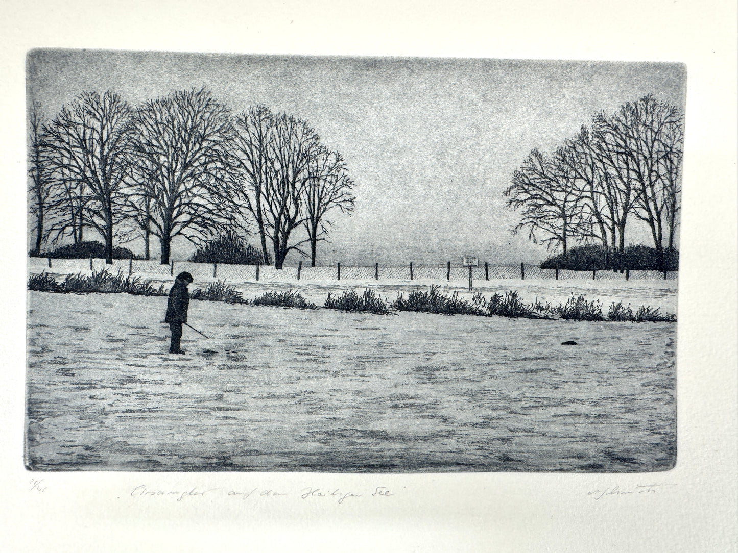 Eisangler auf dem heiligen See. Signierte Radierung