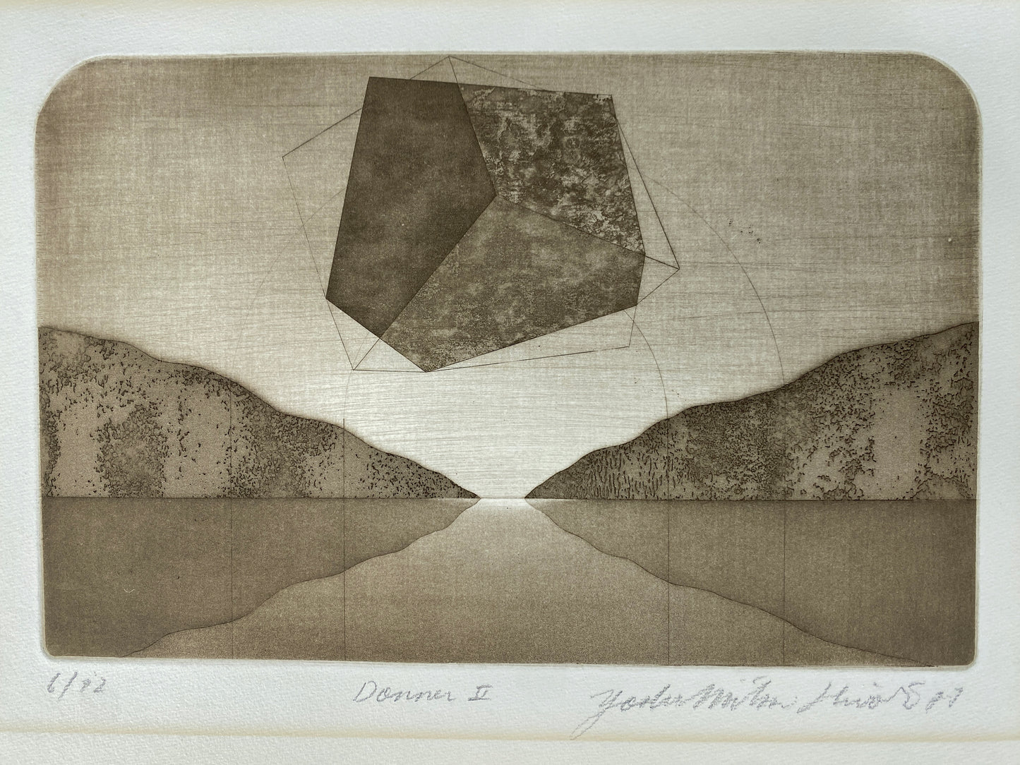 Radierung, Donner II. Abstrakte Landschaft mit Polyeder/Siebeneck