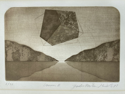 Radierung, Donner II. Abstrakte Landschaft mit Polyeder/Siebeneck