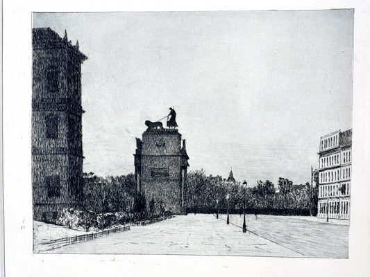 S. L. Wenban, Münchener Siegestor mit Akademie der bildenden Künste. Radierung