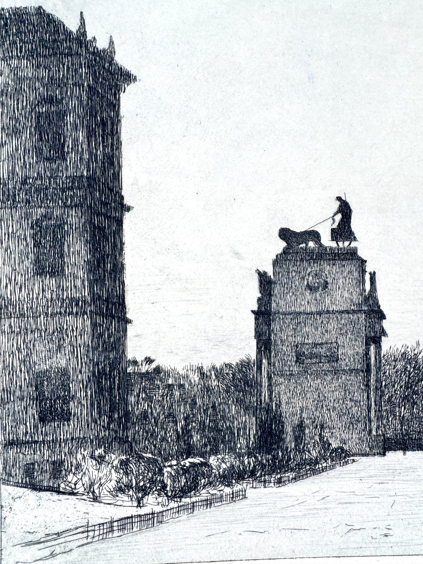 S. L. Wenban, Münchener Siegestor mit Akademie der bildenden Künste. Radierung