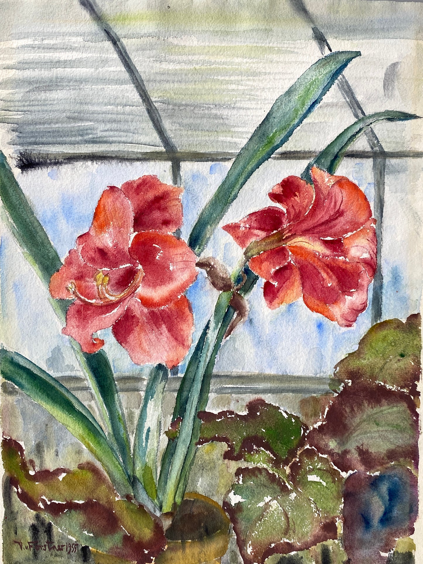 Drei dekorative Aquarelle / Blumenstillleben von Forstner, Botanisches Institut Potsdam 1955