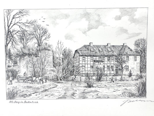 Alte Burg Bad Bodenteich. Zeichnung von Heinz Wehlisch