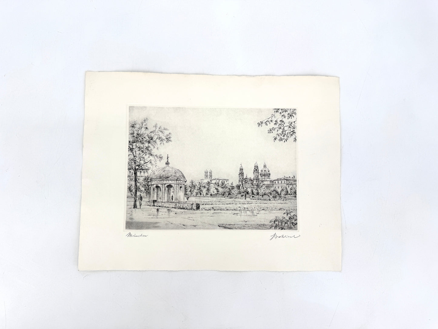 München Hofgarten, mit Dianatempel und Theatinerkirche. Druckgrafik von Heinz Wehlisch
