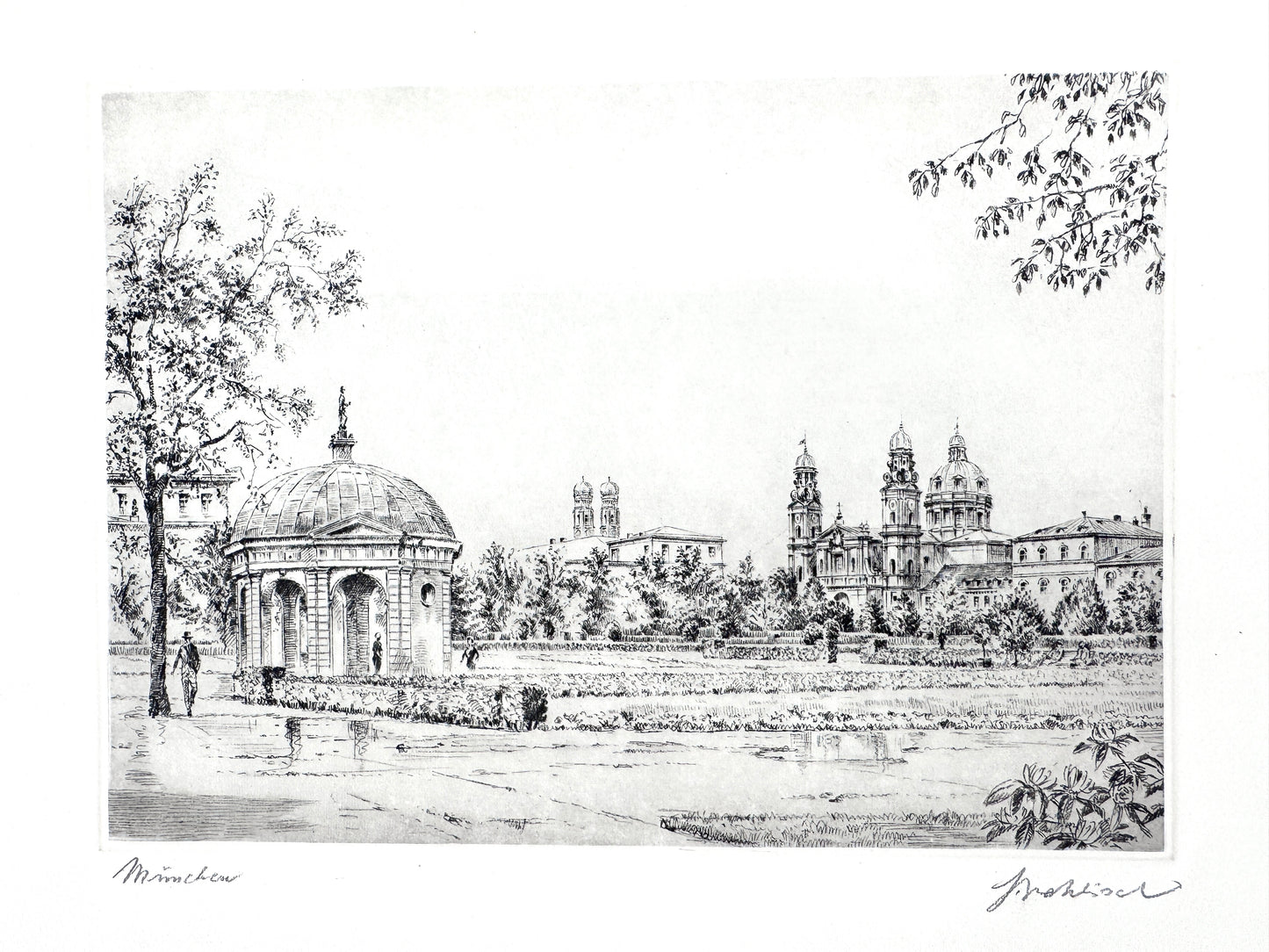 München Hofgarten, mit Dianatempel und Theatinerkirche. Druckgrafik von Heinz Wehlisch