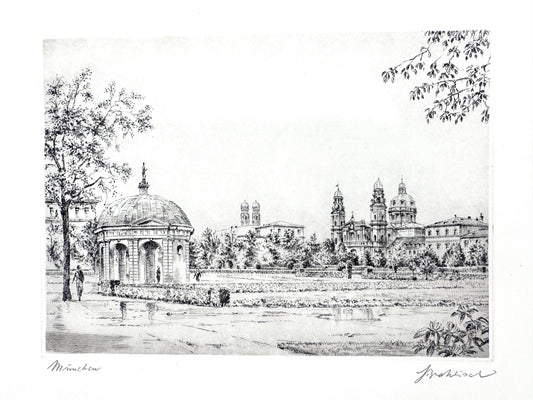 München Hofgarten, mit Dianatempel und Theatinerkirche. Druckgrafik von Heinz Wehlisch