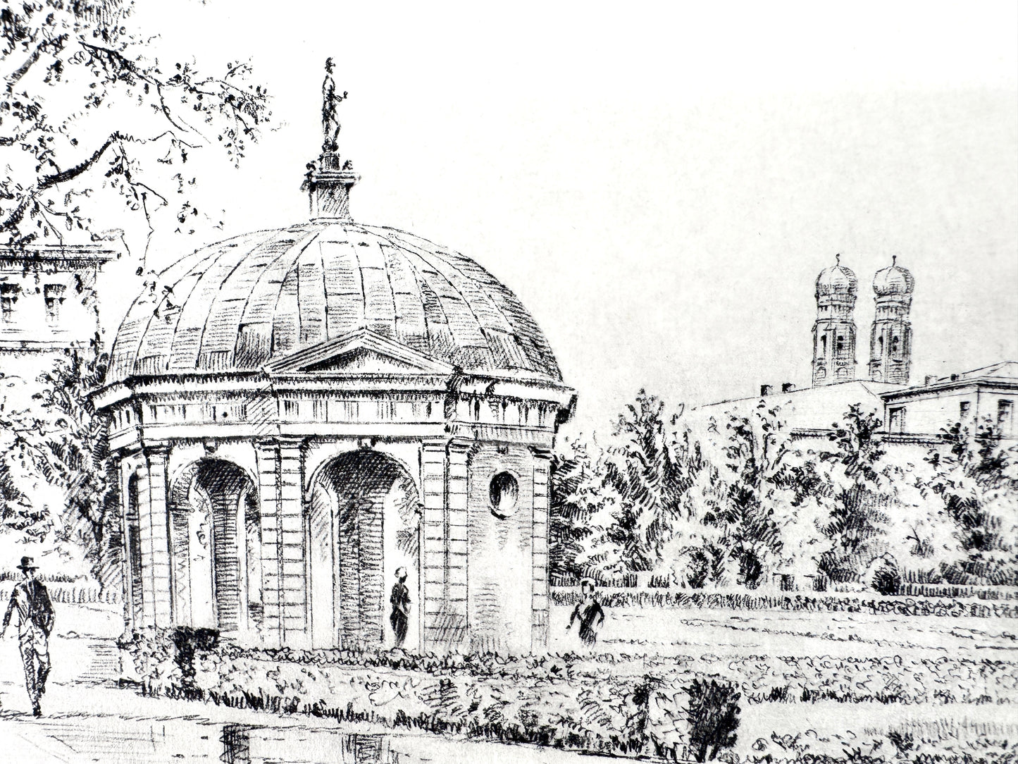 München Hofgarten, mit Dianatempel und Theatinerkirche. Druckgrafik von Heinz Wehlisch