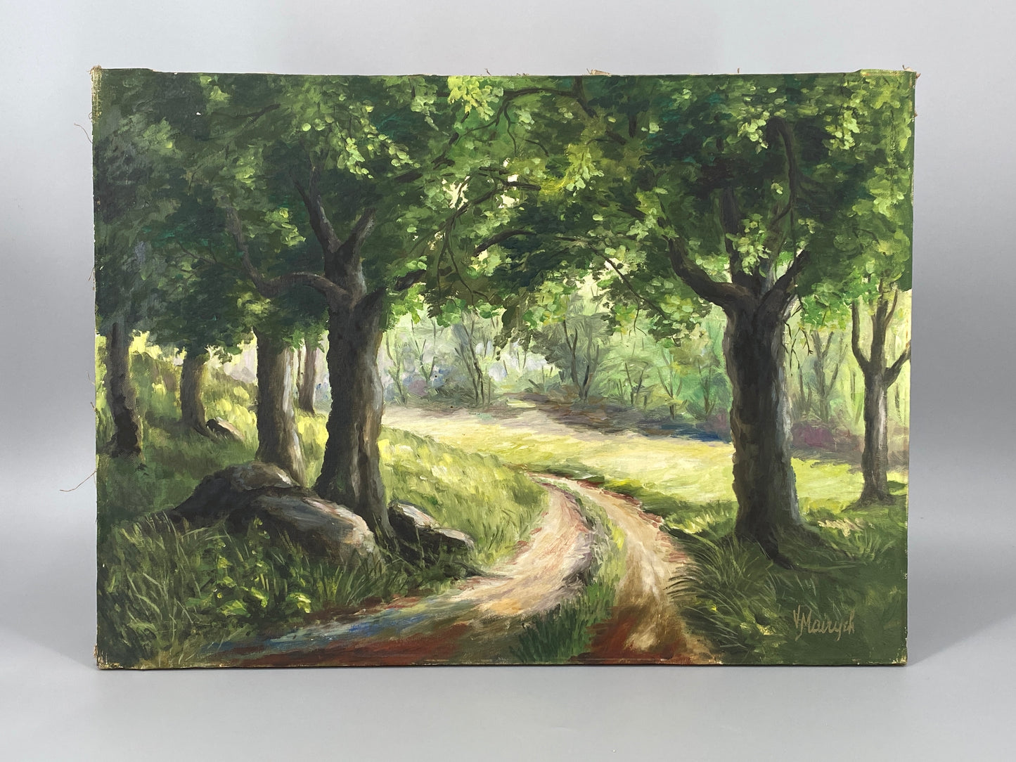 Signiertes Ölgemälde "Waldlandschaft mit sonnigem Forstweg" auf Leinwand