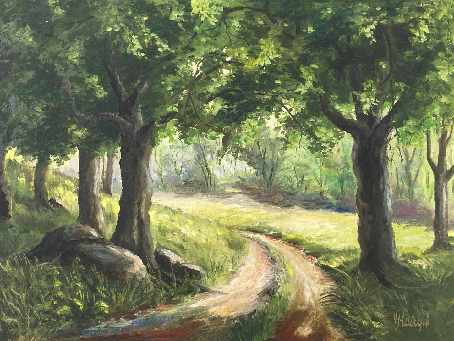 Signiertes Ölgemälde "Waldlandschaft mit sonnigem Forstweg" auf Leinwand