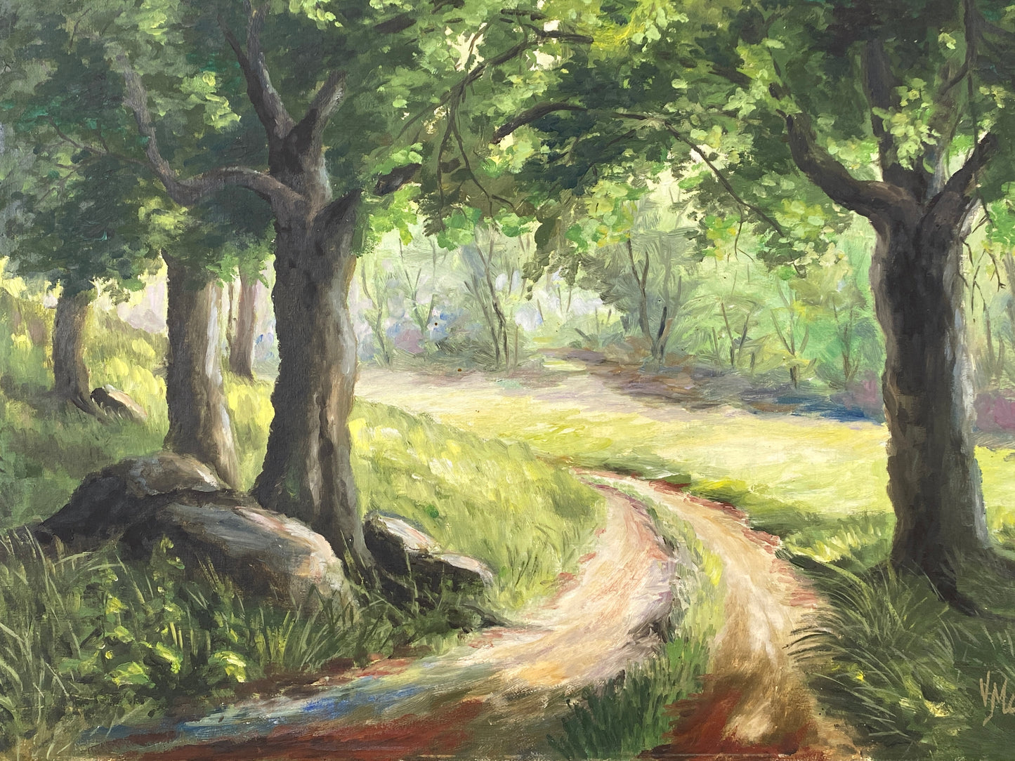 Signiertes Ölgemälde "Waldlandschaft mit sonnigem Forstweg" auf Leinwand