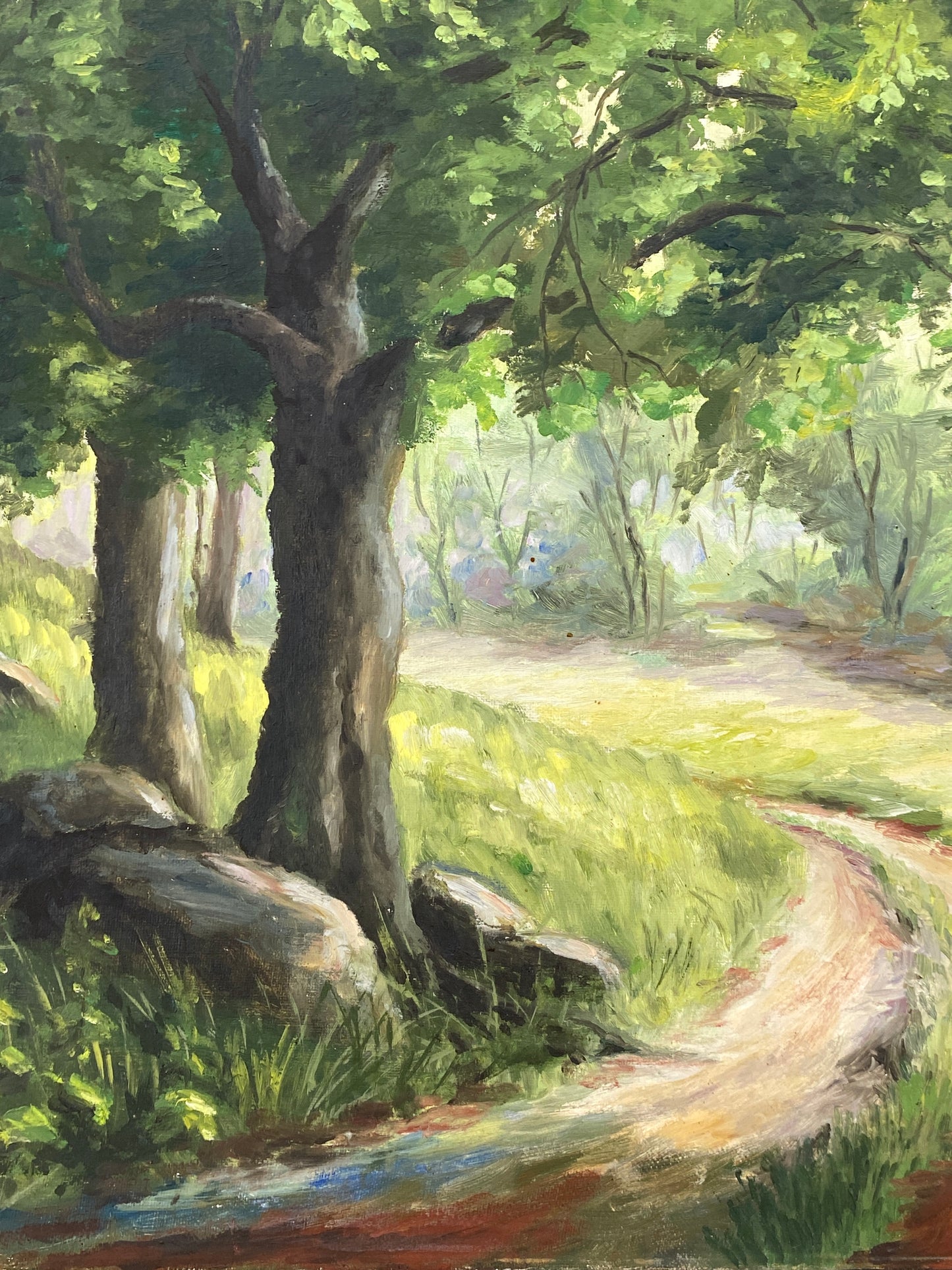 Signiertes Ölgemälde "Waldlandschaft mit sonnigem Forstweg" auf Leinwand