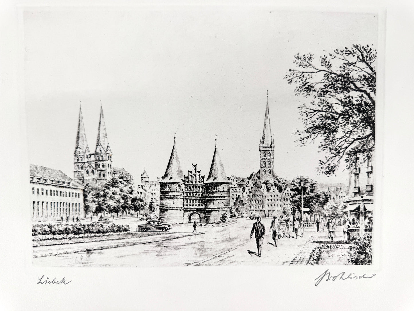 Lübeck Holstentor. Druckgrafik von Heinz Wehlisch