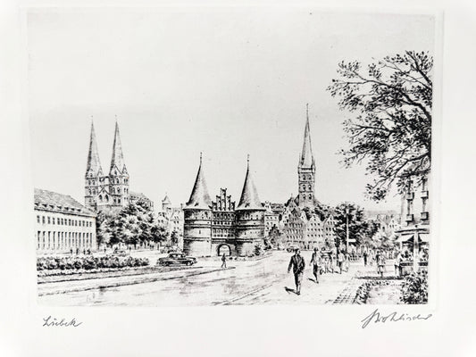Lübeck Holstentor. Druckgrafik von Heinz Wehlisch