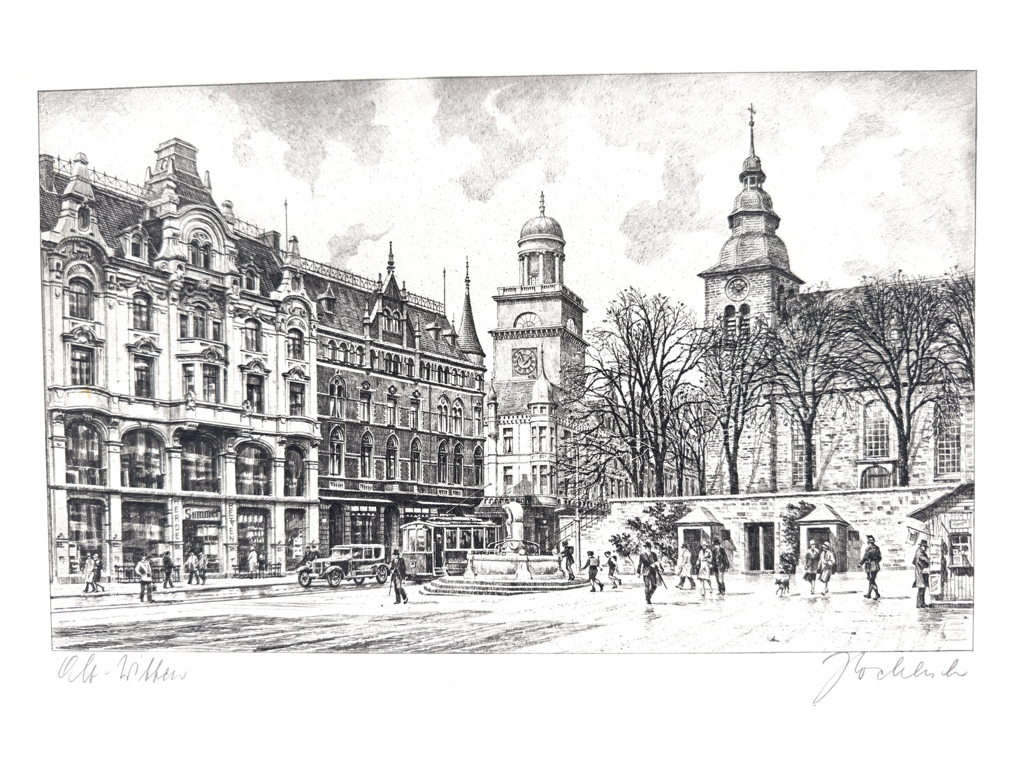 Alt-Witten, Kornmarkt. Druckgrafik von Heinz Wehlisch