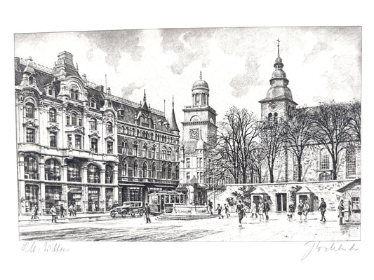 Alt-Witten, Kornmarkt. Druckgrafik von Heinz Wehlisch