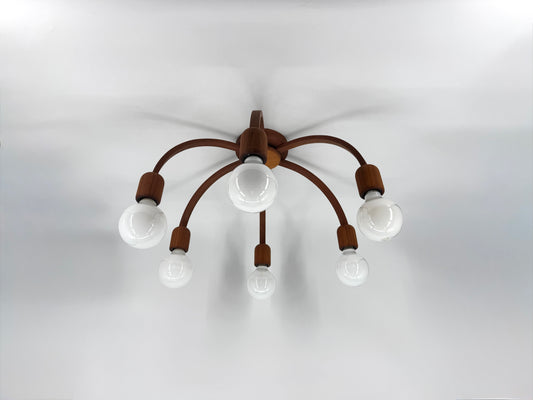 6-flammige Deckenlampe von DOMUS aus massivem Teakholz, Dänemark um 1960/1970