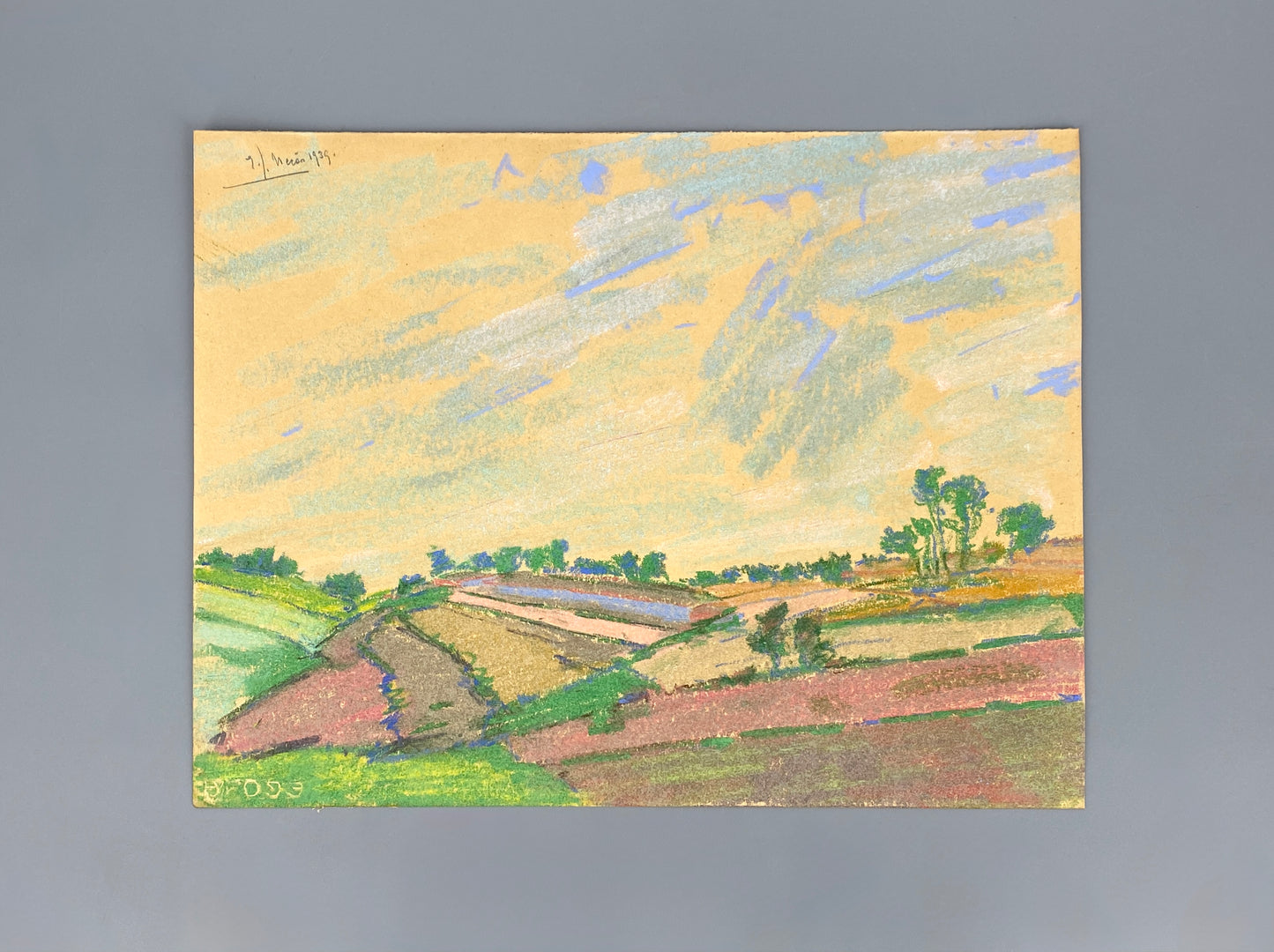 Farbfrohes Pastellgemälde einer Landschaft von Emil Josef Nečas, 1939