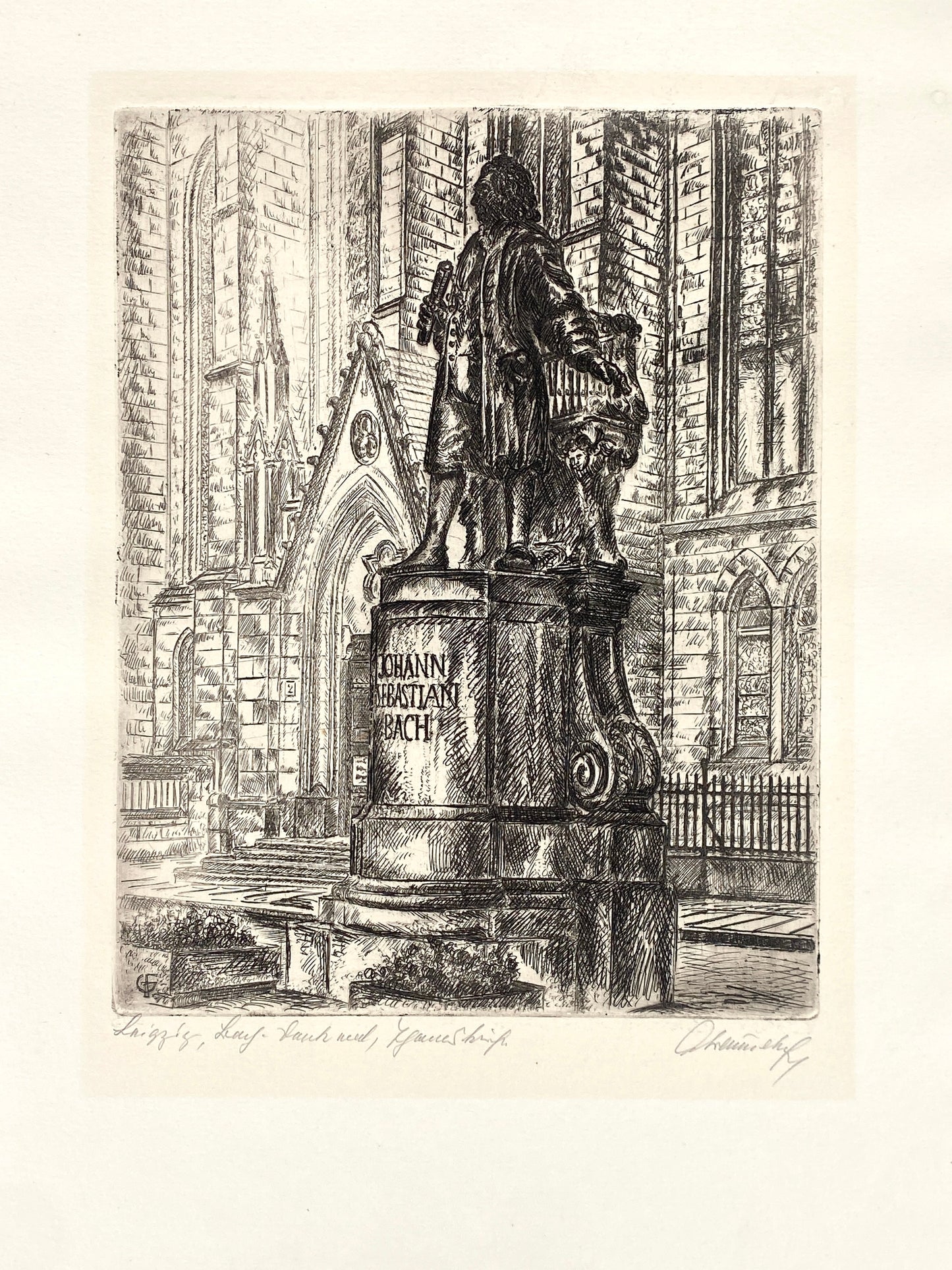 Signierte Radierung "Das Neue Bachdenkmal vor der Thomaskirche in Leipzig" von Gerhard Fraundorf