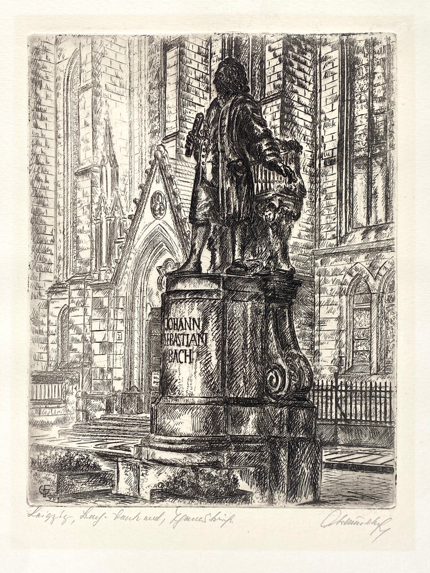 Signierte Radierung "Das Neue Bachdenkmal vor der Thomaskirche in Leipzig" von Gerhard Fraundorf