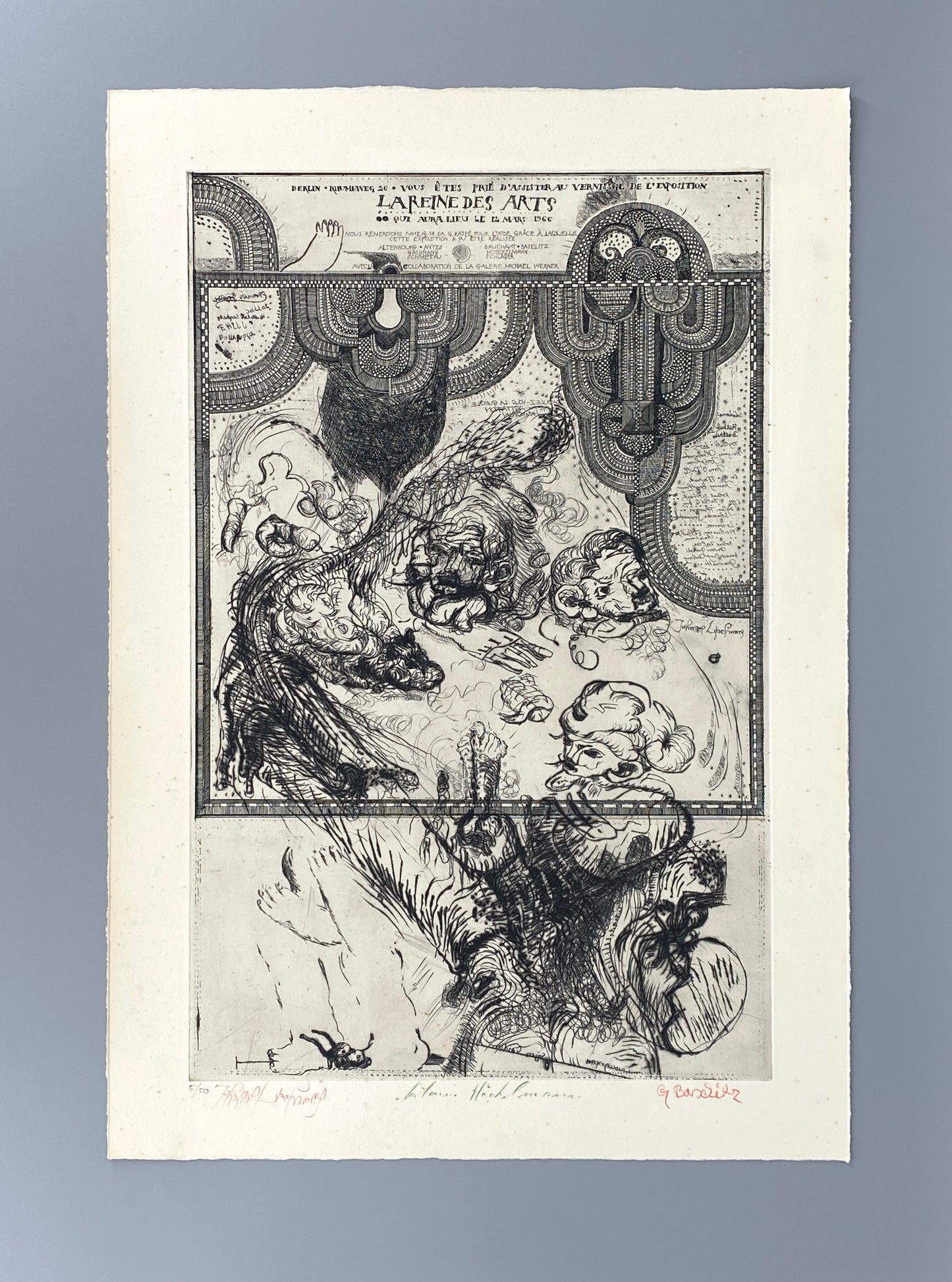 Seltene und handsignierte Radierung von Georg Baselitz (1938–2026), Johannes Gachnang (1939–2005) und Antonius Höckelmann (1937–2000), 1966