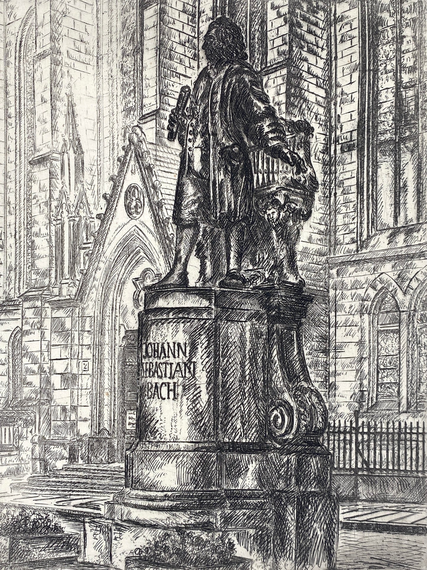 Signierte Radierung "Das Neue Bachdenkmal vor der Thomaskirche in Leipzig" von Gerhard Fraundorf
