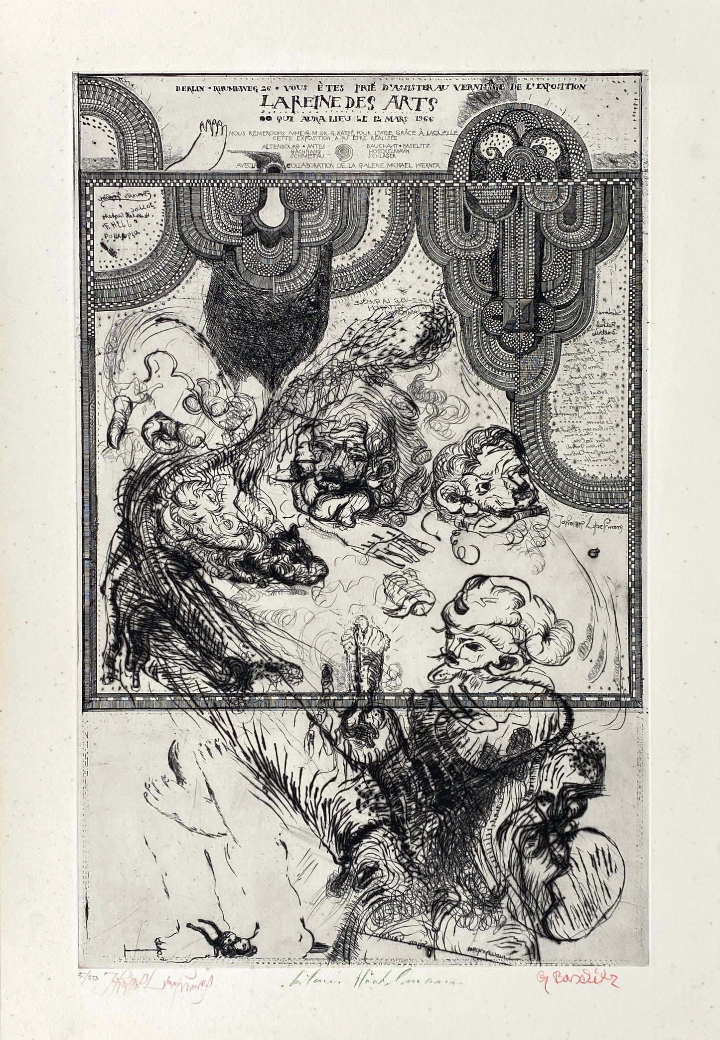 Seltene und handsignierte Radierung von Georg Baselitz (1938–2026), Johannes Gachnang (1939–2005) und Antonius Höckelmann (1937–2000), 1966