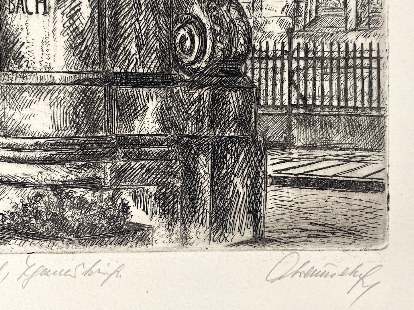 Signierte Radierung "Das Neue Bachdenkmal vor der Thomaskirche in Leipzig" von Gerhard Fraundorf