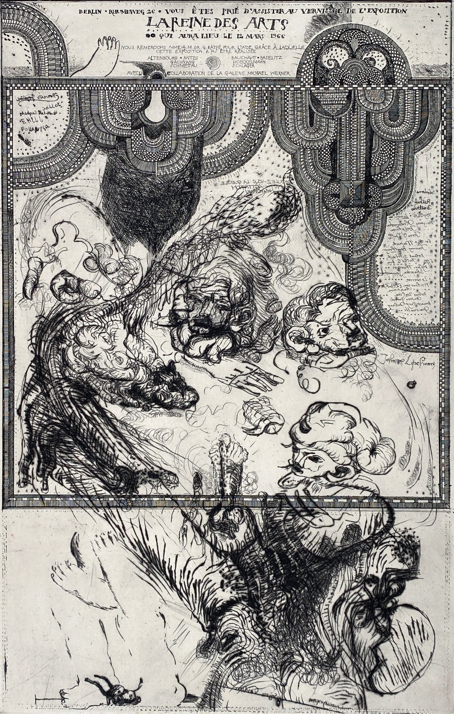 Seltene und handsignierte Radierung von Georg Baselitz (1938–2026), Johannes Gachnang (1939–2005) und Antonius Höckelmann (1937–2000), 1966