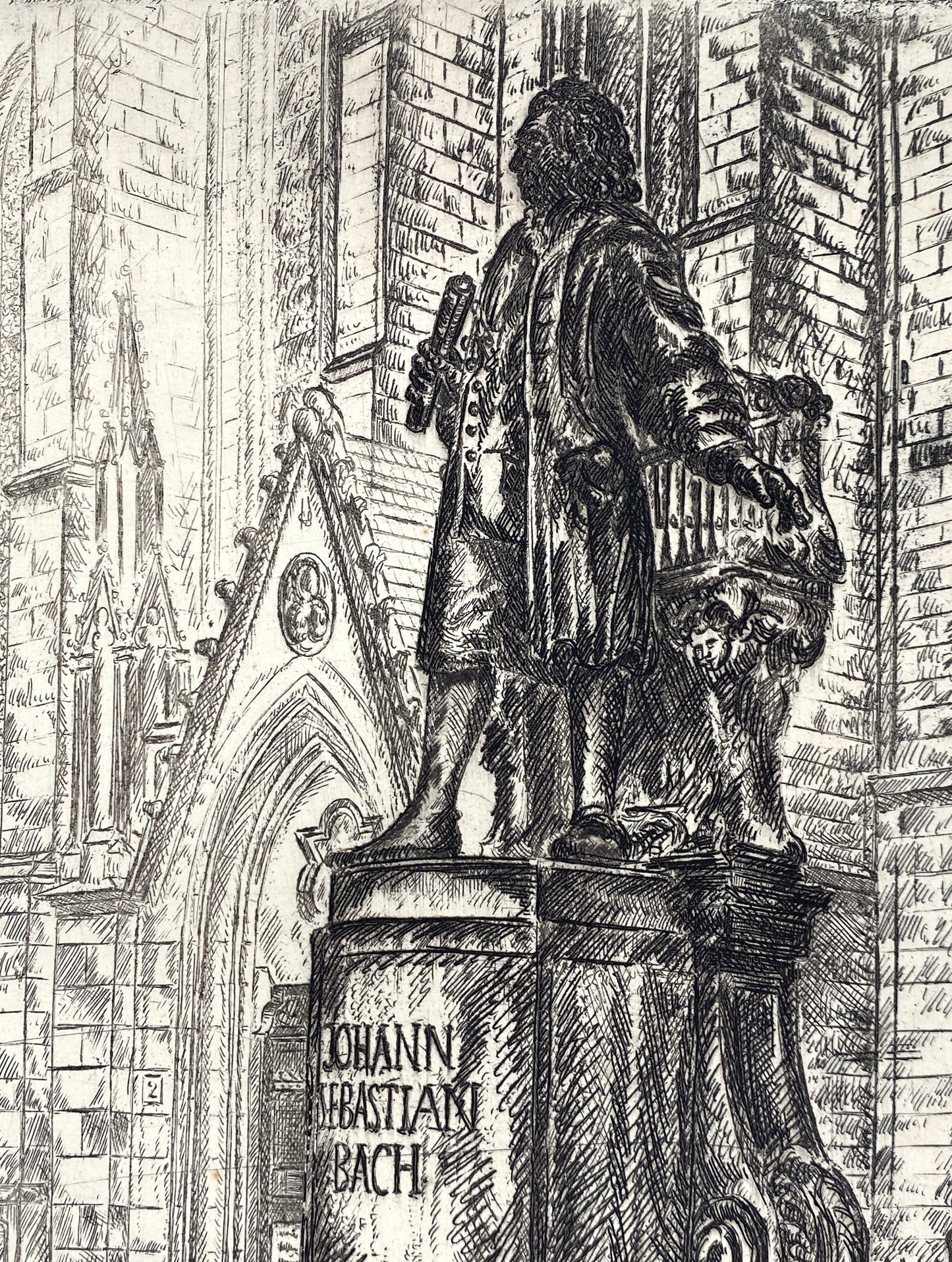 Signierte Radierung "Das Neue Bachdenkmal vor der Thomaskirche in Leipzig" von Gerhard Fraundorf