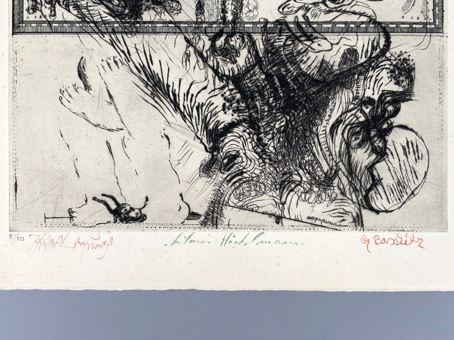 Seltene und handsignierte Radierung von Georg Baselitz (1938–2026), Johannes Gachnang (1939–2005) und Antonius Höckelmann (1937–2000), 1966