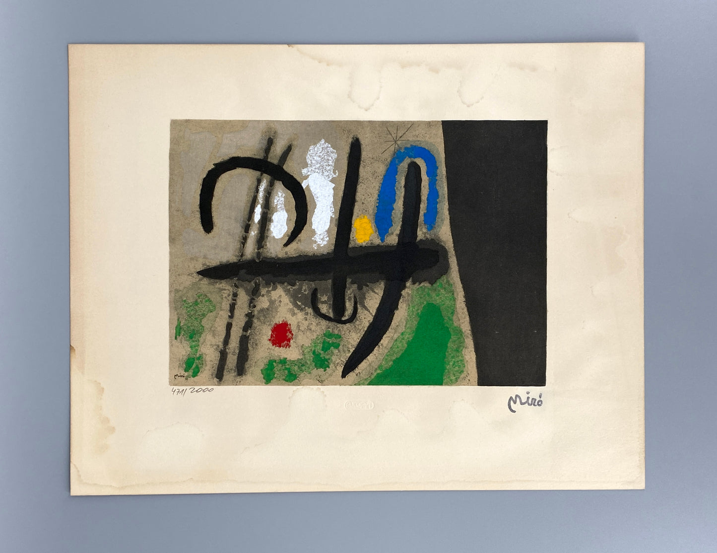 Nummerierte Farblithografie „Oiseau dans un Paysage“ (Vogel in einer Landschaft) mit Pochoir von Joan Miró (1893–1983), Edition Euro Art, Wien