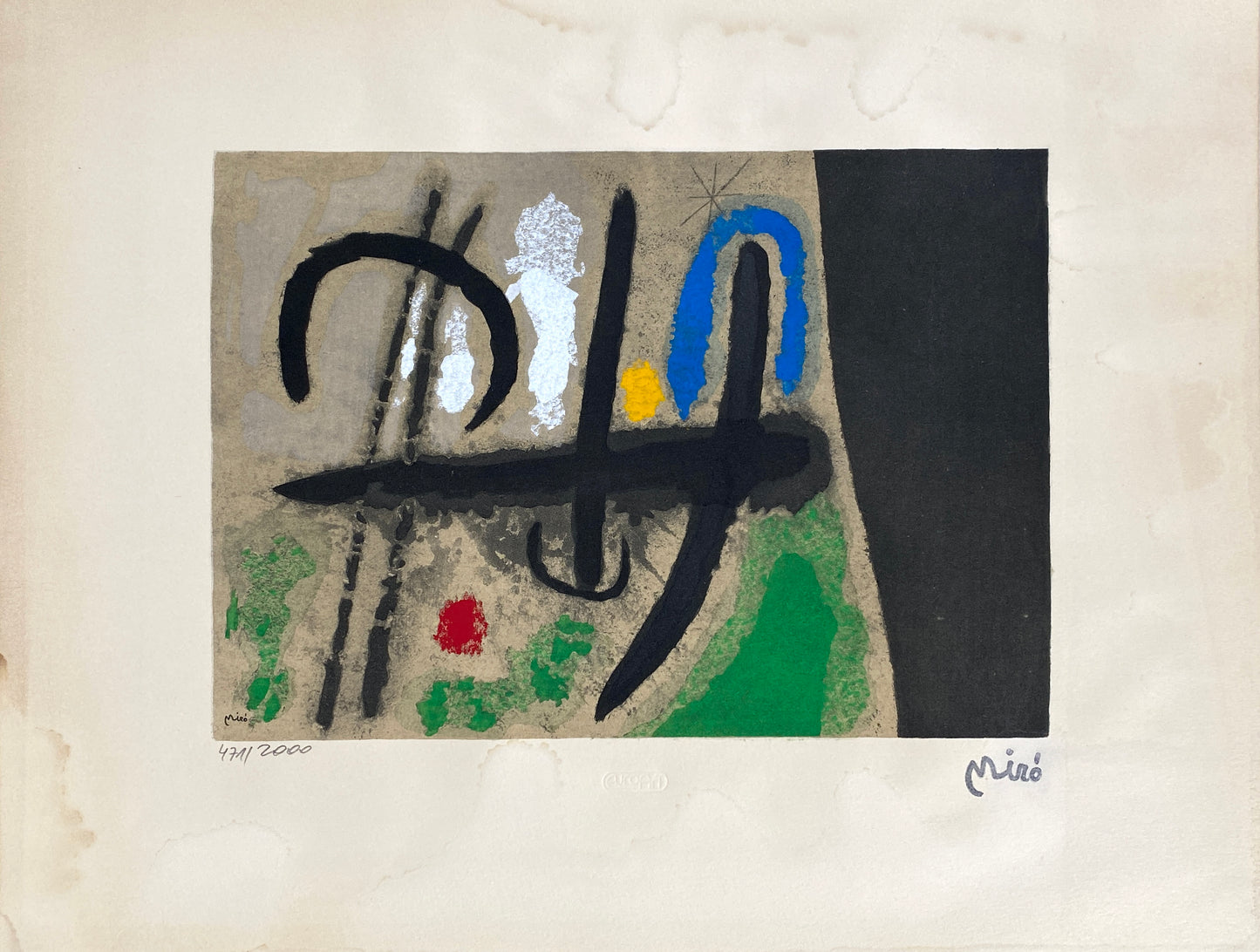 Nummerierte Farblithografie „Oiseau dans un Paysage“ (Vogel in einer Landschaft) mit Pochoir von Joan Miró (1893–1983), Edition Euro Art, Wien
