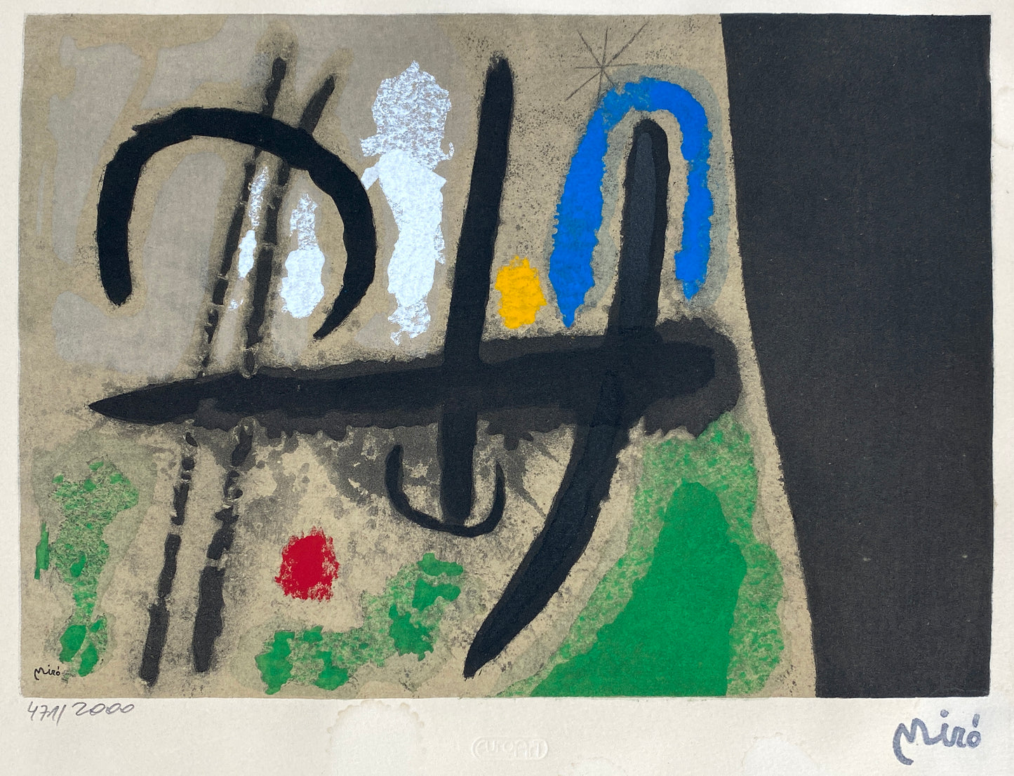 Nummerierte Farblithografie „Oiseau dans un Paysage“ (Vogel in einer Landschaft) mit Pochoir von Joan Miró (1893–1983), Edition Euro Art, Wien