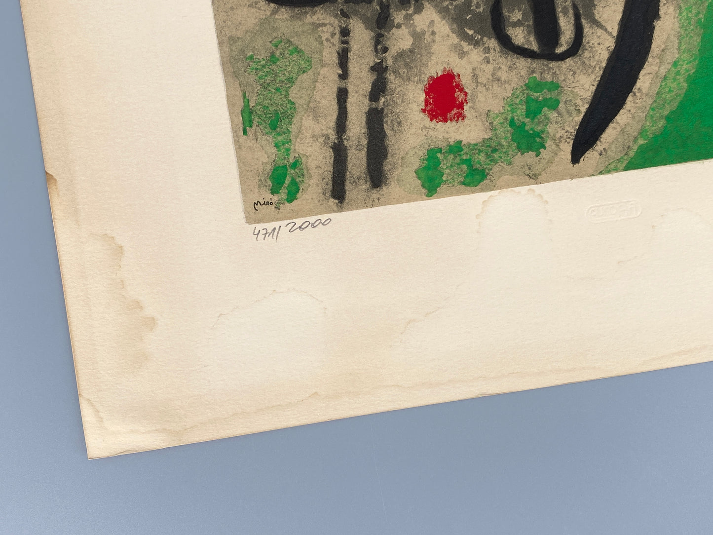 Nummerierte Farblithografie „Oiseau dans un Paysage“ (Vogel in einer Landschaft) mit Pochoir von Joan Miró (1893–1983), Edition Euro Art, Wien